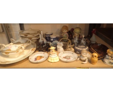 Shelf of mixed ceramics including Meakin, two platters, two small tureens with spoons and lids, two large tureens with one li