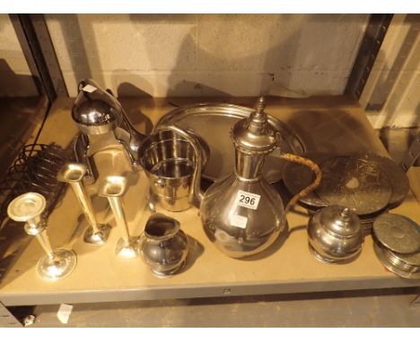 Shelf of mixed metalware including ceramics, jug, platter etc