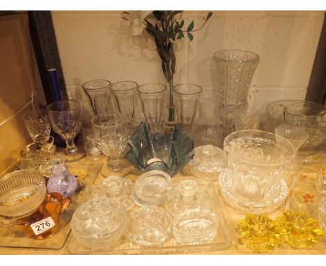 Shelf of mixed glassware including crystal, dressing table set, sundae glasses etc