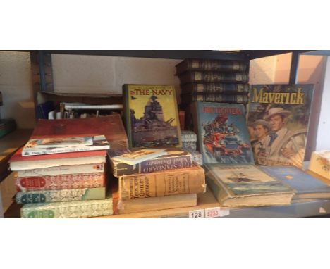 Shelf of mixed vintage books including Maverick annual, Wonder book of the Navy, Wonder book of ships etc 