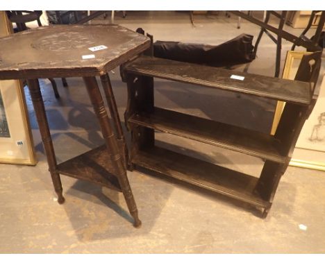 Antique ebonised occasional table with carved top and an ebonised three shelf wall display with pierced sides 