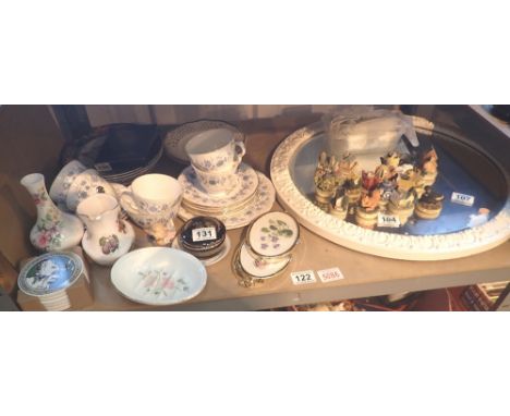 Shelf of mixed ceramics including Royal Doulton Hummingbird plates, circular mirror, Tetley tea houses and metal leather fitt