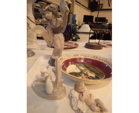 Large Lladro Oriental figurine for restoration, two pieces of Nao and Adams Cries of London dish ( also restored )