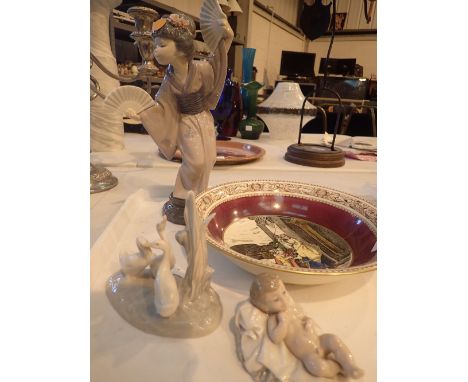 Large Lladro Oriental figurine for restoration, two pieces of Nao and Adams Cries of London dish ( also restored )