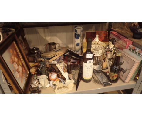 Shelf of mixed items including pictures, decorative fans, tankard, sewing box etc 