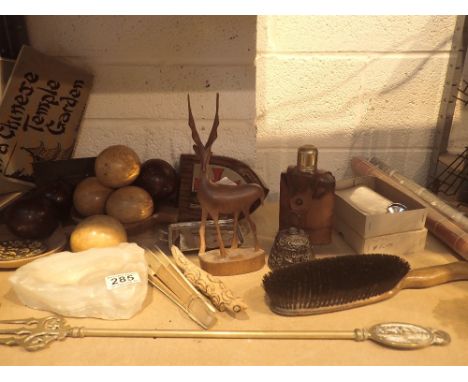 Shelf of mixed items including brass toasting fork, wood balls, hip flasks etc 