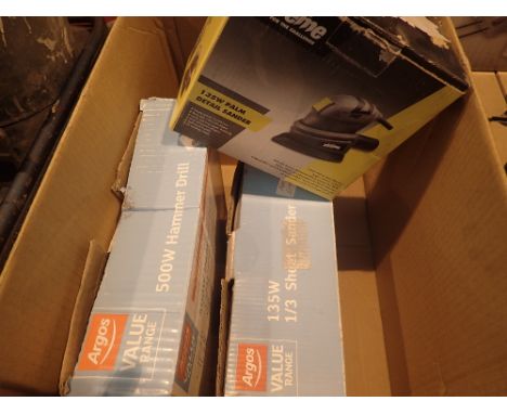 Argos 500W hammer drill and 135W sheet sander plus challenge xtreme 135W palm sander