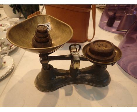 Salter 68 balance scales, green with brass pan and weights