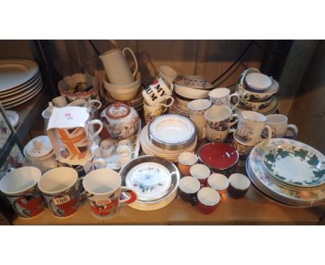 Shelf of ceramics including London 2012 mugs, tea sets etc