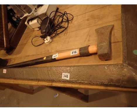 Copper fire fender, 136 x 37 cm, chopping axe and vintage wooden plane