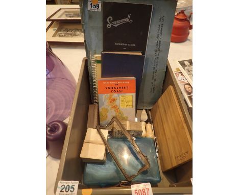 Scammell tractor and semi trailer parts lists and a box of mixed items including two vintage card games