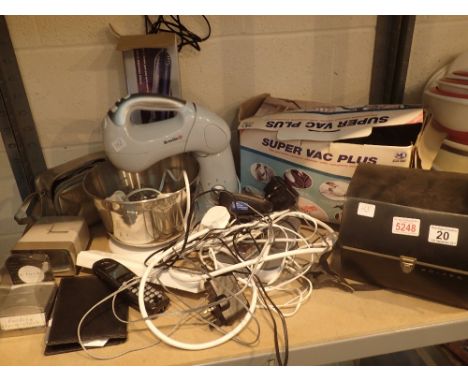 Shelf of mixed items including Breville food mixer, polaroid camera, hand held vacuum etc 