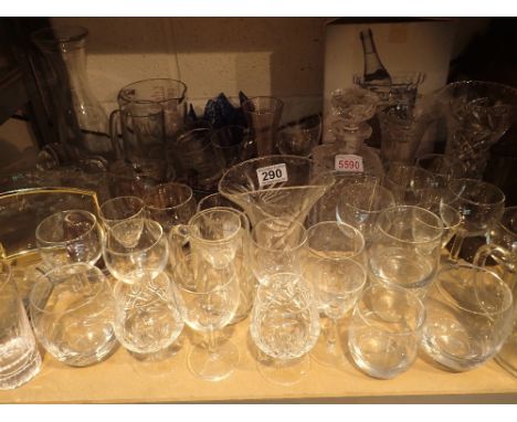 Shelf of mixed glassware including crystal, drinking glasses, ornaments etc 