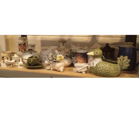 Shelf of mixed ceramics including jugs, mugs, ornaments, duck etc