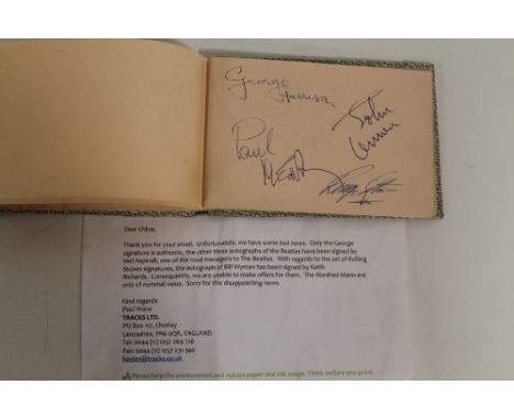 AN AUTOGRAPH BOOK CONTAINING SIGNATURES FOR THE BEATLES, ROLLING STONES AND MANFRED MANN, comes with valuer's letter which im