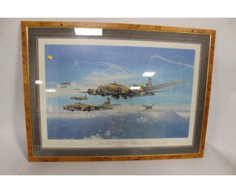 A FRAMED AND GLAZED LIMITED EDITION PRINT BY ROBERT TAYLOR 'RETURN FROM SCHWEINFURT' SIGNED BY GENERAL ADOLF GALLAND, GENERAL