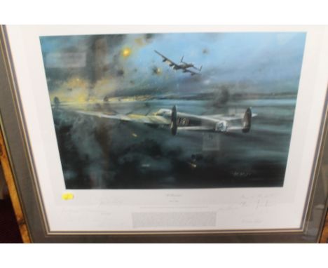 A FRAMED AND GLAZED PRINT BY ROBERT TAYLOR TITLED 'THE DAMBUSTERS' SIGNED BY LEONARD CHESHIRE, NORMAN JACKSON, WILLIAM REID, 