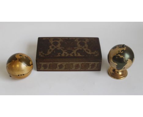 A NOVELTY GLOBE TABLE LIGHTER AND MATCHING CLOCK, the clock branded Estyma, together with a brass table cigarette box (3)