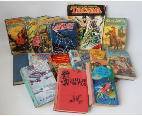 A BOX OF COWBOY AND OTHER HARDBACK NOVELS including four Roy Rogers, three Gene Autry, The Lone Ranger, Hopalong Cassidy, C. 