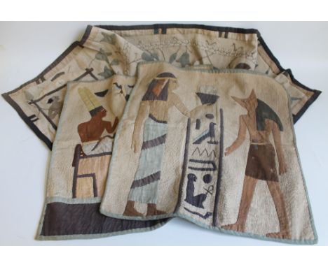 THREE 1920'S ANCIENT EGYPTIAN STYLE WALL HANGINGS / PATCH WORKS. Showing scenes possibly copied from tomb paintings. (3)