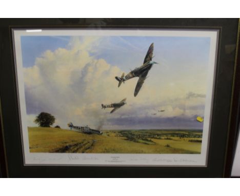 A FRAMED AND GLAZED LIMITED EDITION PRINT BY ROBERT TAYLOR 'EAGLES PREY', signed by Don Blekeslee, Oscar Coen, Jim Goodson, C