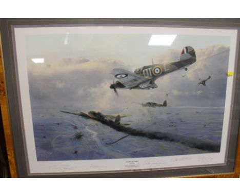 A FRAMED AND GLAZED LIMITED EDITION PRINT BY ROBERT TAYLOR 'HURRICANE FORCE', signed by Peter Townsend, Geoffrey Page, Peter 