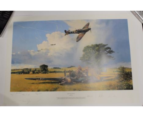 AN UNFRAMED LIMITED EDITION ROBERT TAYLOR PRINT 'FIGHT FOR THE SKY' ACES EDITION SIGNED BY BEN BENNION, BOB DOE, GEORGE UNWIN