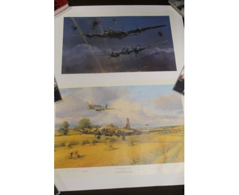 THREE LIMITED EDITION PRINTS TO INCLUDE AN UNFRAMED LIMITED EDITION ROBERT TAYLOR PRINT 'LANCASTER UNDER ATTACK' SIGNED BY BI
