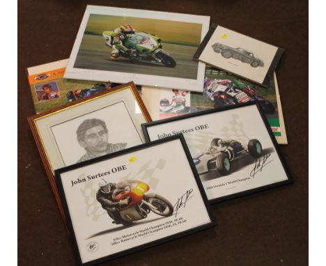 TWO FRAMED AND GLAZED LIMITED EDITION PRINTS SIGNED BY JOHN SURTEES, three framed posters with signatures for Colin Edwards, 