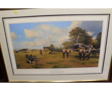 A FRAMED AND GLAZED LIMITED EDITION PRINT BY ROBERT TAYLOR 'EAGLES ON THE CHANNEL FRONT' signed by Gunther Seeger, Heinz Marq