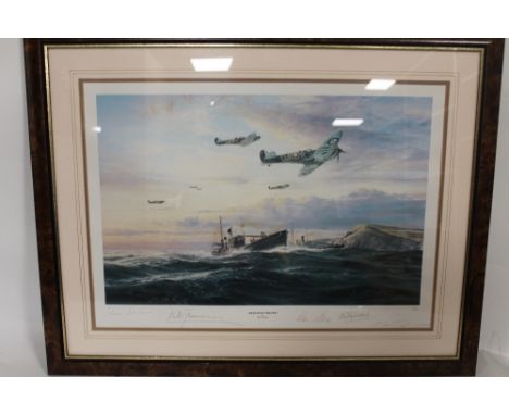A FRAMED AND GLAZED LIMITED EDITION PRINT BY ROBERT TAYLOR 'RETURN OF THE FEW' SIGNED BY 'JONNIE' JOHNSON, ALAN DEERE, PETER 