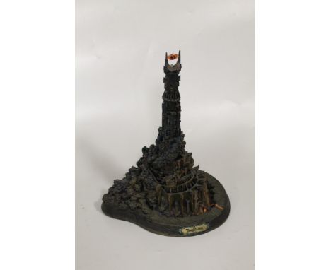 A DANBURY MINT LORD OF THE RINGS 'BARAD DUR THE DARK TOWER OF SAURON' SCULPTURE WITH LED LIGHT UP EYE