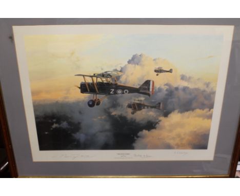 A FRAMED AND GLAZED LIMITED EDITION PRINT BY ROBERT TAYLOR 'THE DAWN PATROL', signed by Gwilym Lewis and Robert Childlaw-Robe