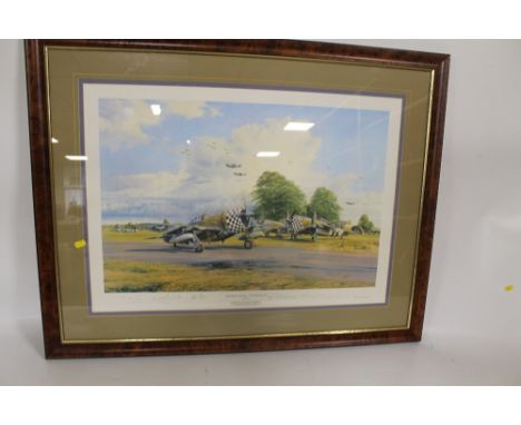 A FRAMED AND GLAZED LIMITED EDITION PRINT BY ROBERT TAYLOR 'THE MIGHTY EIGHTH OUTWARD BOUND' SIGNED BY COLONEL FRANCIS GABRES
