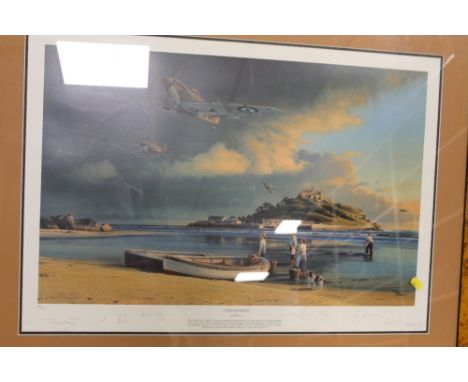 A FRAMED AND GLAZED LIMITED EDITION PRINT BY ROBERT TAYLOR 'A TIME FOR HEROES'. FIGHTER PILOTS EDITION, SIGNED BY SEVEN RAF F