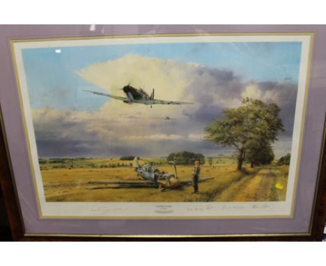 A FRAMED AND GLAZED LIMITED EDITION PRINT BY ROBERT TAYLOR 'SUMMER VICTORY'SIGNED BY GROUP CAPTAIN SIR HUGH DUNDAS, AIR COMMO