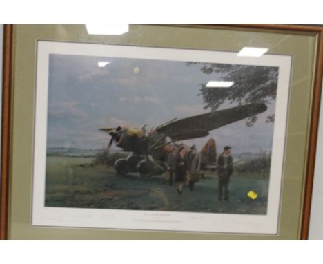 A FRAMED AND GLAZED LIMITED EDITION PRINT BY ROBERT TAYLOR 'THEY LANDED BY MOONLIGHT' SIGNED BY HUGH VERITY, MURRAY ANDERSON,