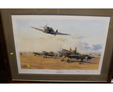 A FRAMED AND GLAZED LIMITED EDITION PRINT BY ROBERT TAYLOR 'HUNTERS IN THE DESERT', signed by Edward Neumann, Fritz Keller, F