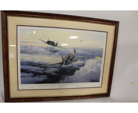 A FRAMED AND GLAZED LIMITED EDITION PRINT BY ROBERT TAYLOR 'KNIGHTS OF THE EASTERN FRONT' SIGNED BY ERICH HARTMAN , GUNTHER R