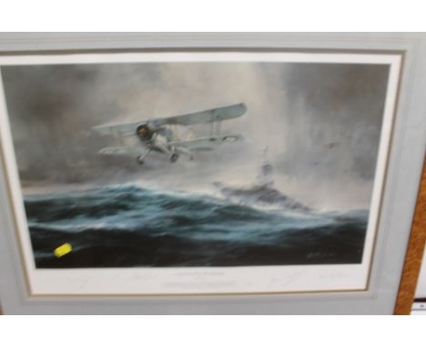 A FRAMED AND GLAZED LIMITED EDITION PRINT BY ROBERT TAYLOR 'LAUNCH AGAINST THE BISMARK', signed by John Moffat, Philip Glick,
