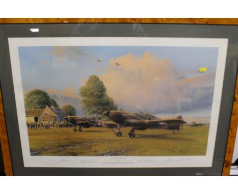 A FRAMED AND GLAZED LIMITED EDITION PRINT BY ROBERT TAYLOR 'FRONT LINE HURRICANES', signed by Roland Beaumont, Peter Brothers