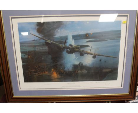 A FRAMED AND GLAZED LIMITED EDITION PRINT BY ROBERT TAYLOR 'OPERATION CHASTISE', signed by George Chalmers, Edward C. Johnson