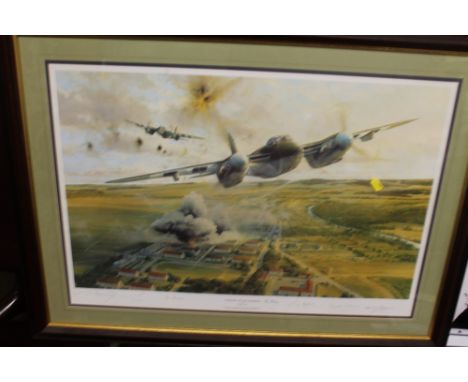 A FRAMED AND GLAZED LIMITED EDITION ROBERT TAYLOR PRINT 'RANGERS ON THE RAMPAGE', signed by Ivor Broom, Terry Kearns, Charles