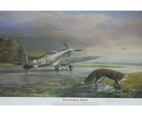 Mark Postlethwait, Leicestershire's Finest, limited edition coloured print, Spitfire 'City of Leicester' on runway with fox, 