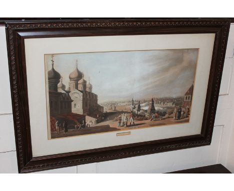 19th century school, view of Moscow with figures, coloured print 28cm by 52cm