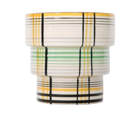 Clarice Cliff - Tartan - A shape 416 fern pot circa 1936 hand painted in a plaid pattern with black and graduated yellow band