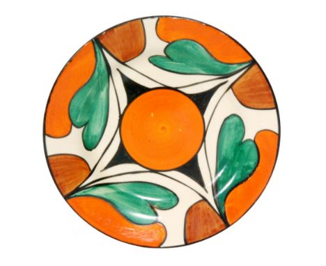 Clarice Cliff - Double V - A circular side plate circa 1929 hand painted with a stylised leaf and V design with orange and bl