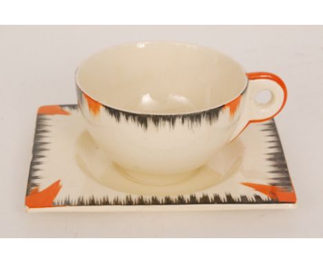 Clarice Cliff - Unknown - A Biarritz shape cup and saucer circa 1934 hand painted with a feather black and orange border, Bia