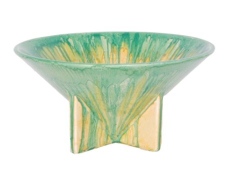 Clarice Cliff - Delecia - A shape 383 conical bowl circa 1930 hand painted with tonal green and yellow streaked enamels, part