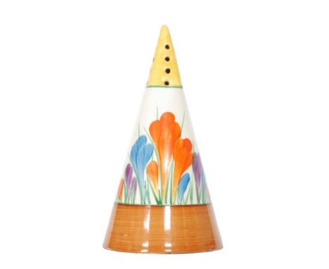 Clarice Cliff - Crocus - A Conical sugar sifter circa 1932 hand painted with crocus flowers with yellow, green and brown band